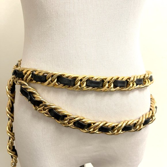 Vintage gold black braided leather chain belt 36" heavyweight Designer classic